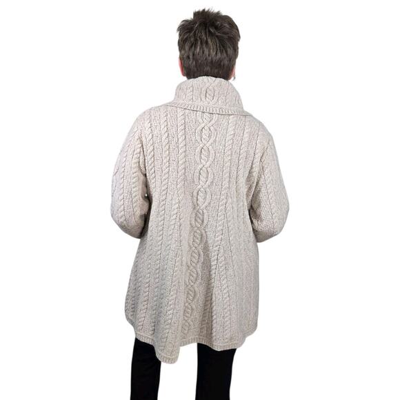 Aran Crafts 100% Merino Wool Cable Knit Cardigan L Beige Oatmeal Shawl Collar - Picture 2 of 16